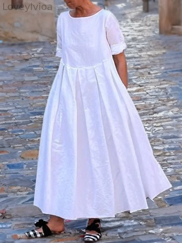 Women'S Solid Color Casual Cotton And Linen Dress
