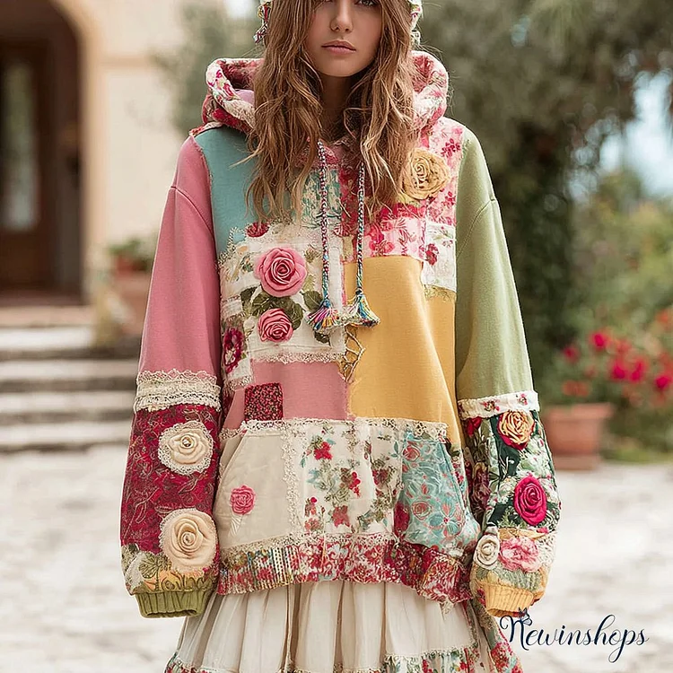 Vintage Rose Floral Patchwork Comfortable Warm Hoodie