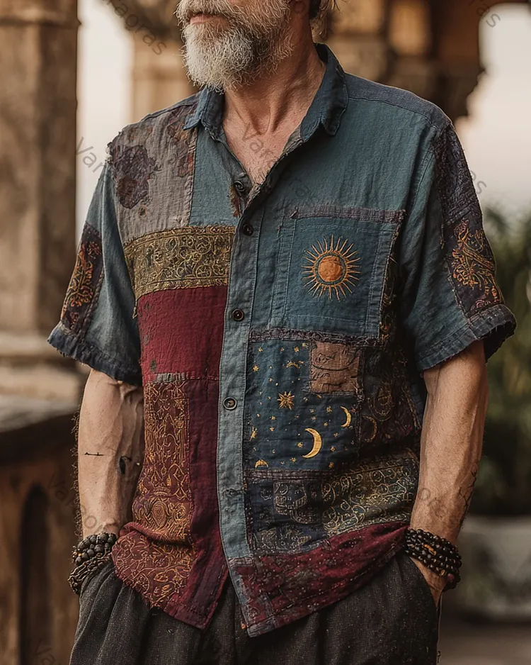 Men's Summer Fashion Star and Moon Embroidery Color blocking Linen T-Shirt 3469