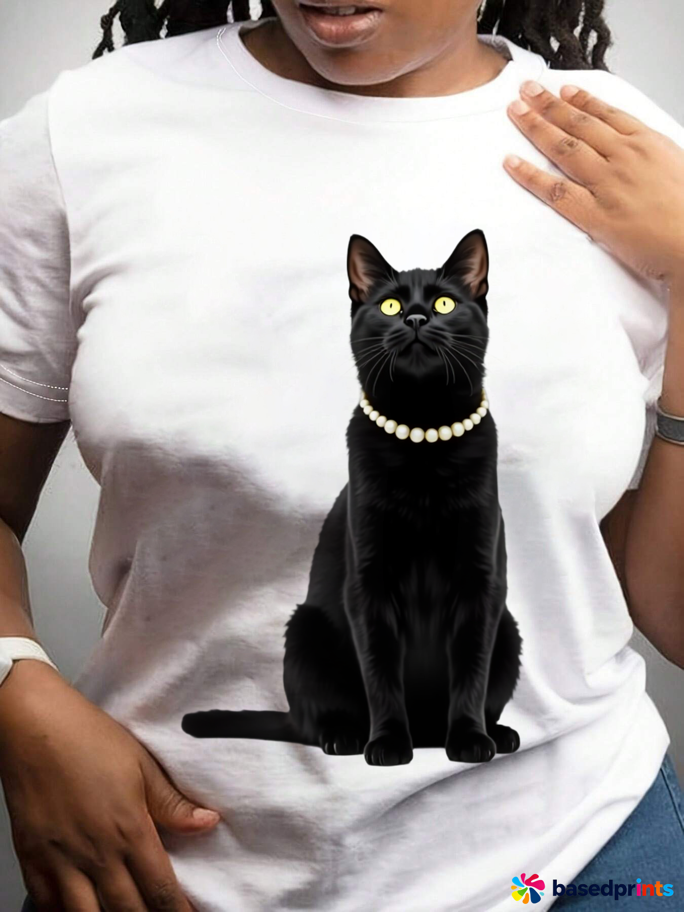 Black Cat with Pearl Necklace T-Shirt