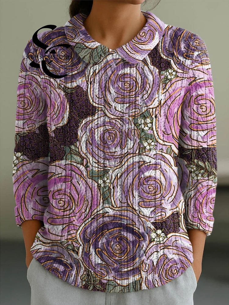 Women's Vintage Floral Art Print Casual Peter Pan Collar 3/4 Sleeve Sweater