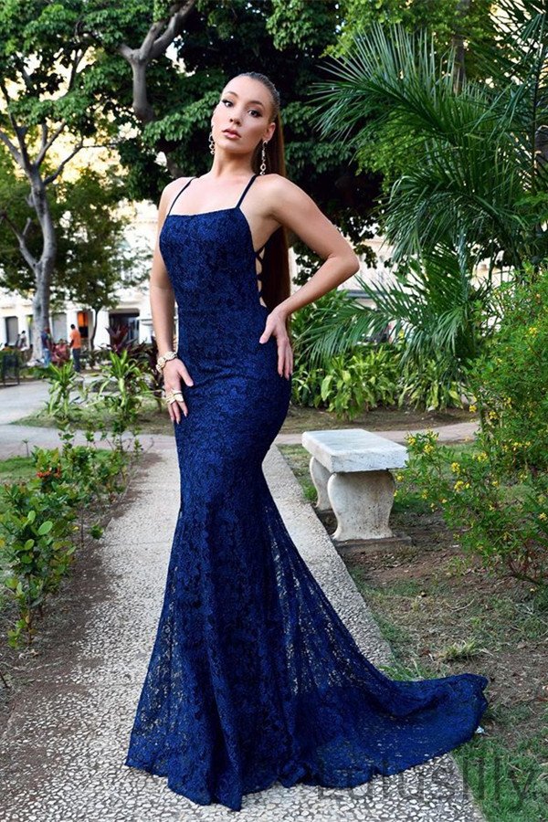 Classic Navy Blue Lace Mermaid Evening Dress String Back - lulusllly