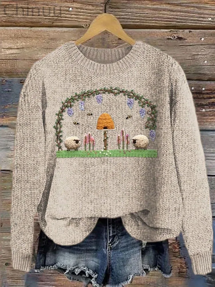 Sheep Pattern Embroidery Art Cozy Sweatshirt