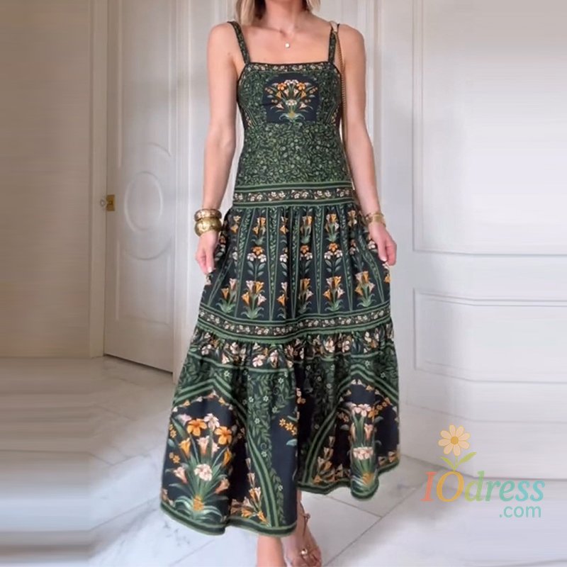 IO Dress Spring Summer Floral Print Pleated Long Dress Women Sexy Slash Neck Backless Suspen Dress New Ladies Sleeveless Loose Boho Dress IO Dress