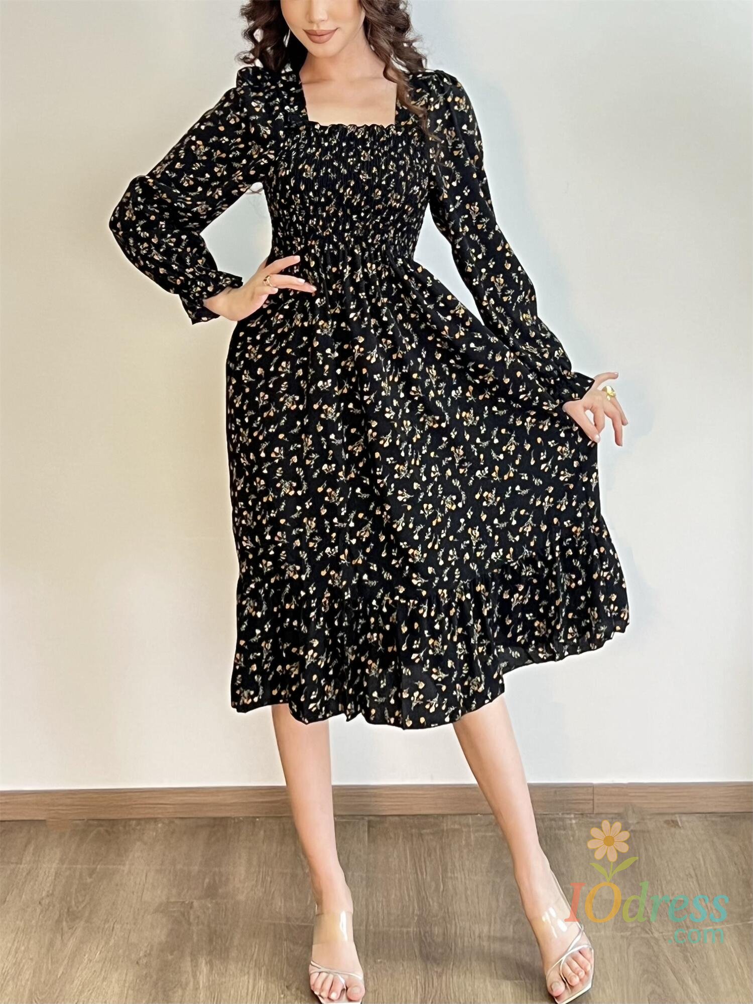 IO Dress Long Sleeve Casual Dress Women Chiffon Dresses Autumn Spring A-line Printed Floral Elastic Chest Lace Up Midi Dresses Vestidos IO Dress