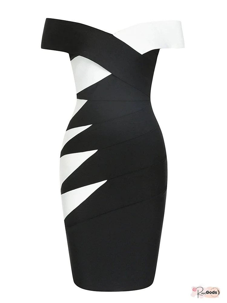 Black White Contrast Color Off-Shoulder Mini Sexy Dress