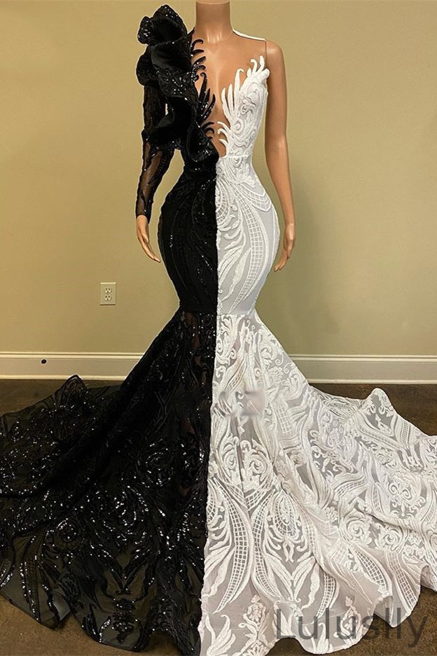 Luluslly Black and White Sequins Lace Prom Dress Mermaid Long Sleeves