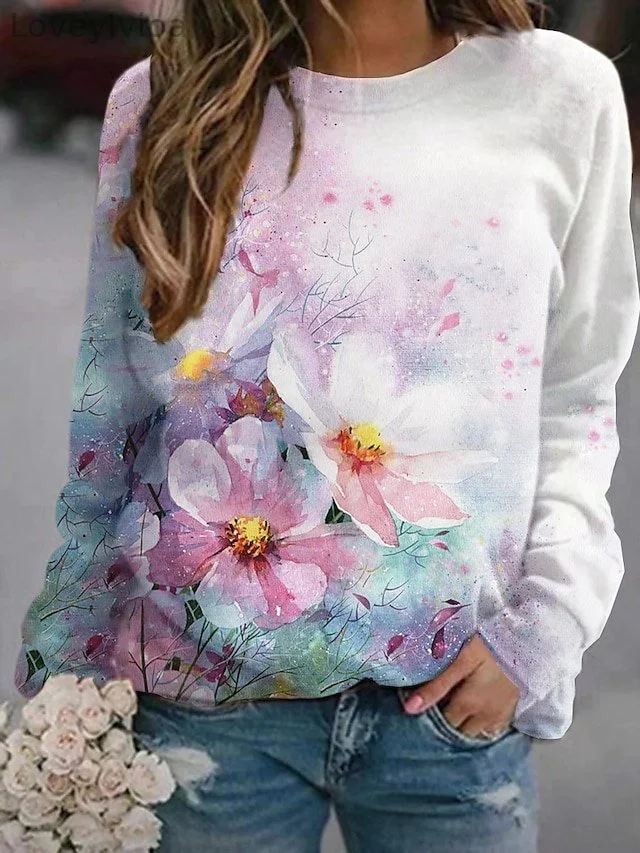Women's Sweatshirt Pullover Basic Streetwear Print Pink Graphic Floral Daily Round Neck Long Sleeve