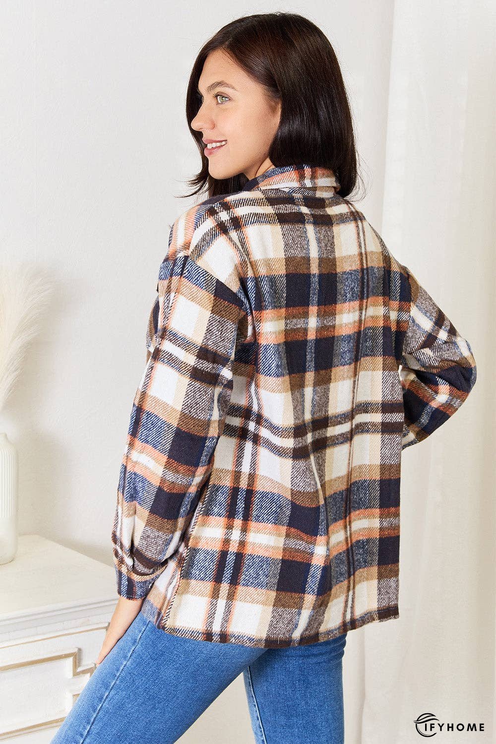 Double Take Plaid Button Front Shirt Jacket with Breast Pockets | IFYHOME