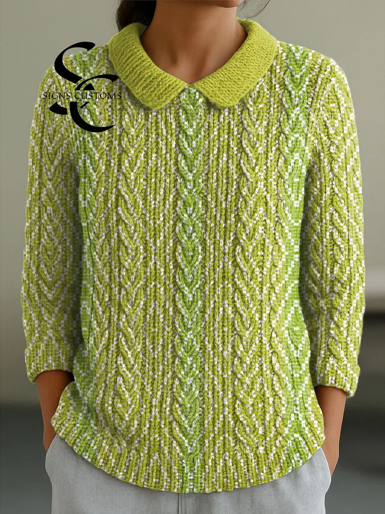 Women's Bright Lemon Lime Greens and White Casual Peter Pan Collar 3/4 Sleeve Sweater
