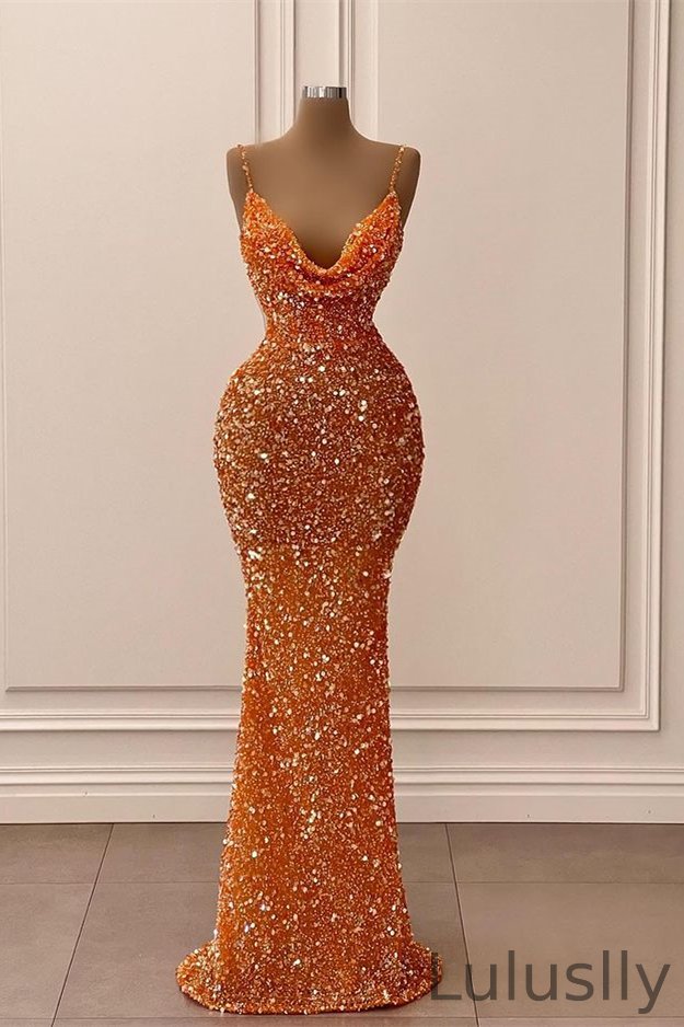 Luluslly Orange Spaghetti-Straps V-Neck Prom Dress Sequins Mermaid Sleeveless