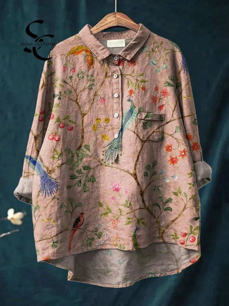 Women's Vintage Ethnic Lovely Birds Floral Art Print Casual Cotton And Linen Shirt
