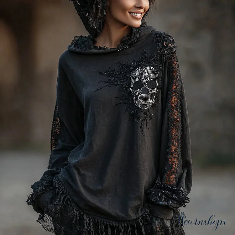 Women's Halloween Skull Embroidered Hooded Long-sleeved T-shirt