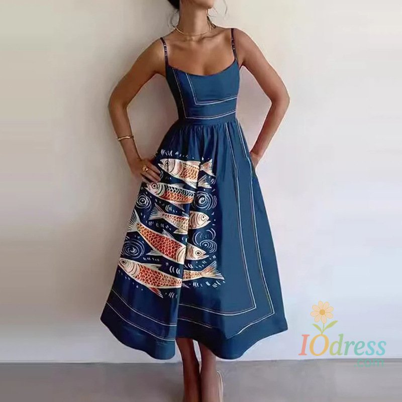 IO Dress Women Print Bodycon Dress Sling Cold Shoulder High Waist A-line Maxi Dresses Beach Party Gowns Casual Vestidos Summer 2025 Robe