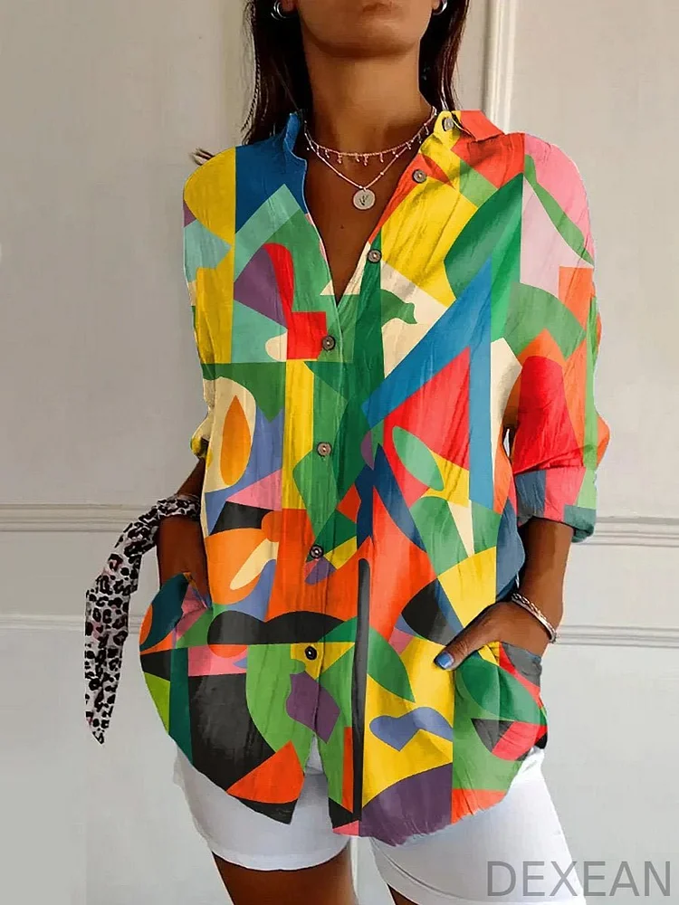 Abstract Geometric Art Printed Women's Casual Cotton Shirt