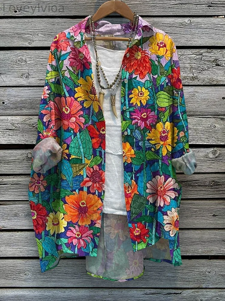Women's Artistic Flowers Print Casual Cotton And Linen Shirt