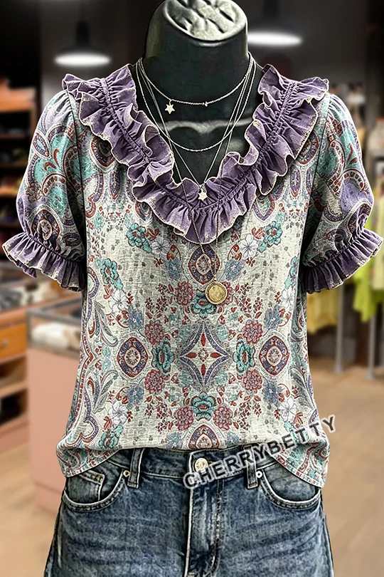 Retro Floral Embroidered V-Neck Cotton Blouse