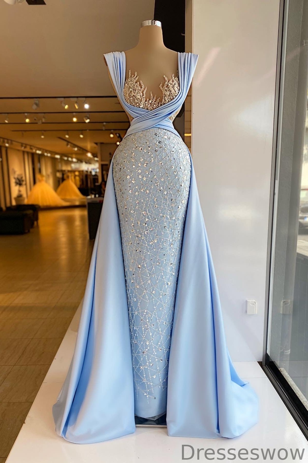 Dresseswow Sky Blue Sleeveless Mermaid Evening Dress Long With Sequins Beads Overskirt