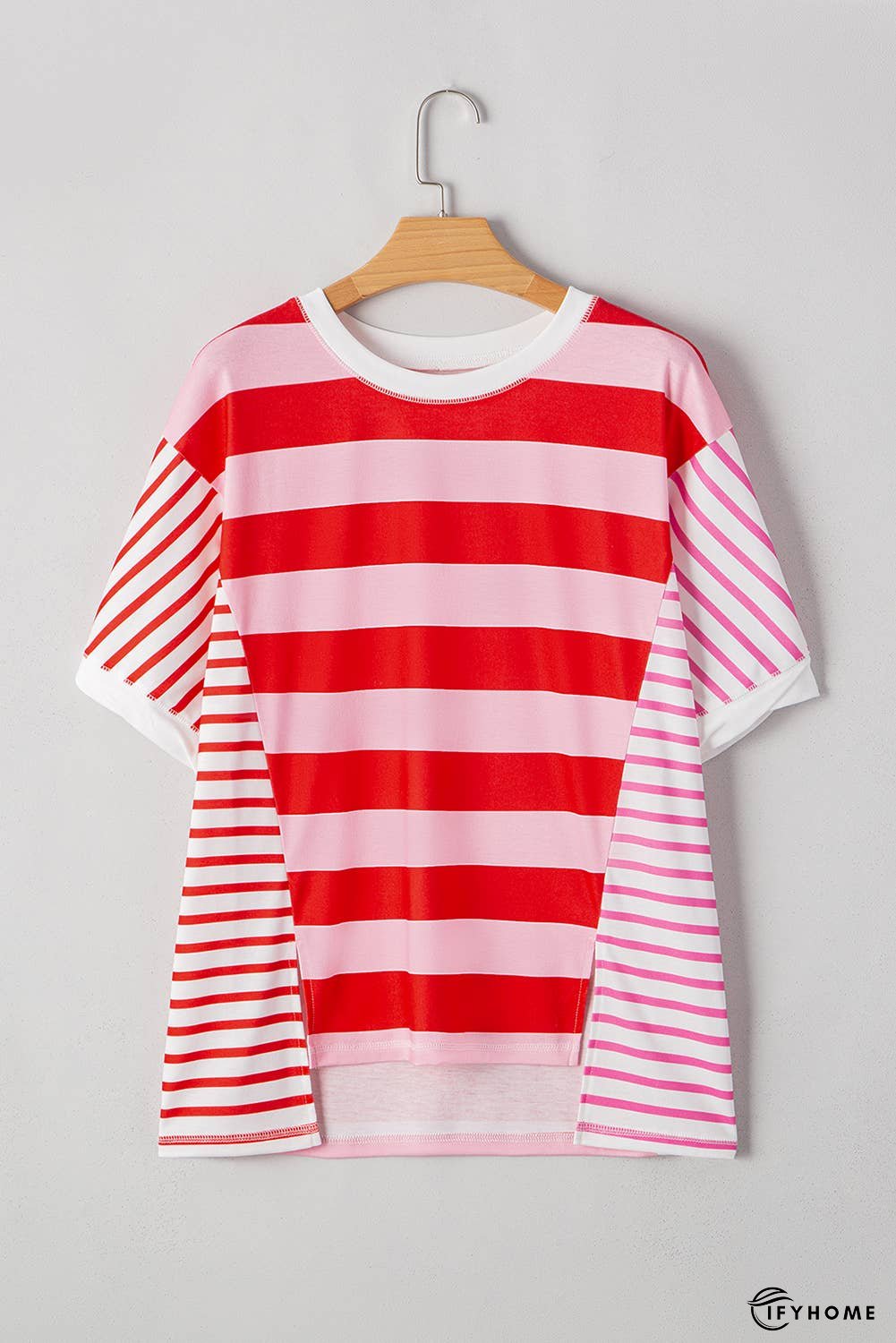 Stripe Patchwork Round Neck Side Split Loose T Shirt | IFYHOME