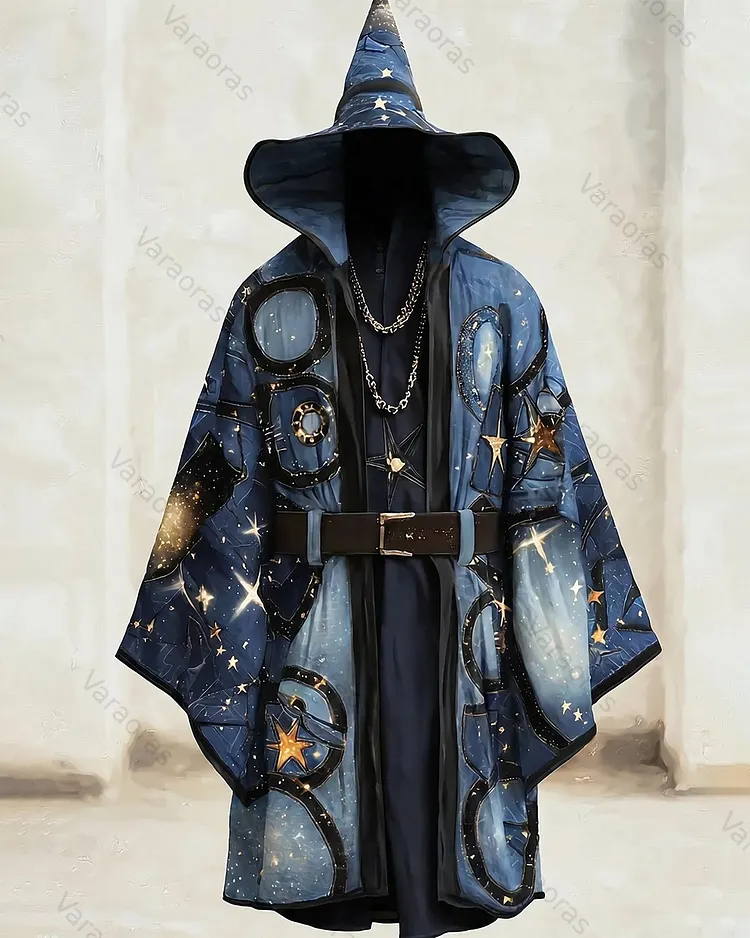 Men's Summer Fashion Star and Moon Embroidered Linen Hooded Cape 8360