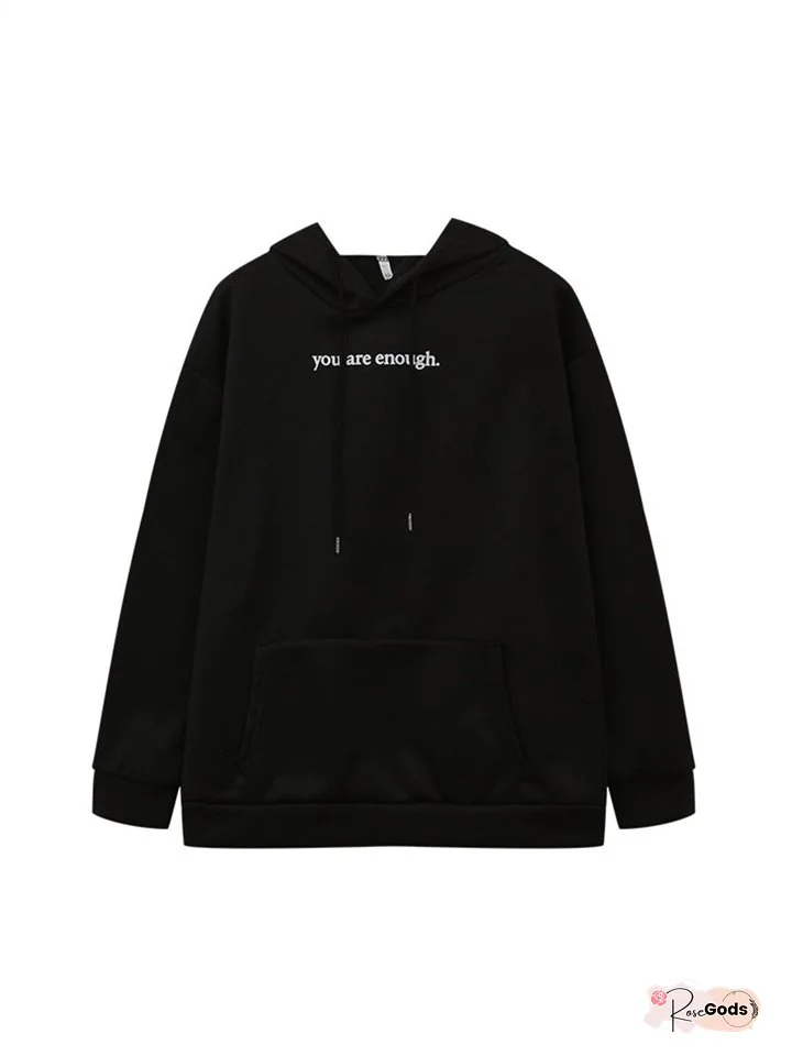 Solid Color Women's Padded Loose Sweatshirt Plain Letter Printed Kangaroo Pocket Drawstring Printed Long Sleeve Hoodie