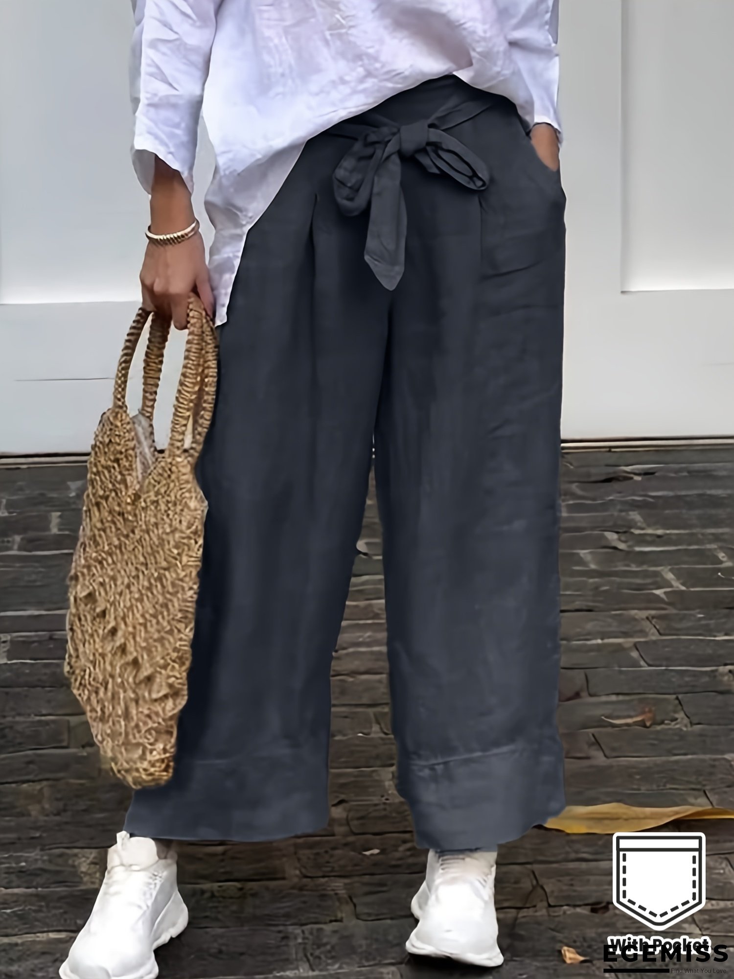 Women&lsquo;s Casual Wide-Leg Pants with Pockets & Adjustable Drawstring Waist - Loose Fit Elastic Waistband, Solid Color Gray, Perfect for Spring/Summer/Fall Outings, Relaxed Outing Attire | Loose Fit Pants | Texture | EGEMISS