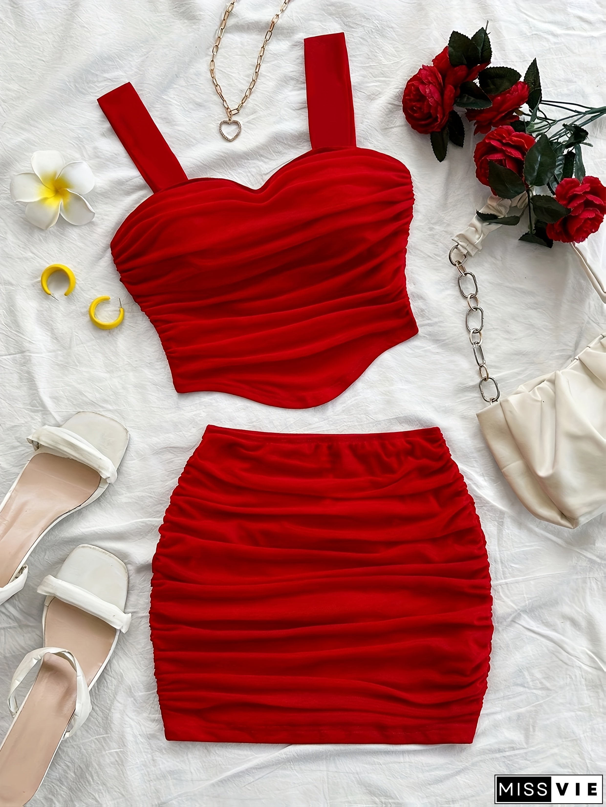 [2pcs Heart Neckline Set] 2pcs Sexy Bodycon Heart Neckline Dress and Mini Skirt Set | Suitable for Dates and Valentine's Day