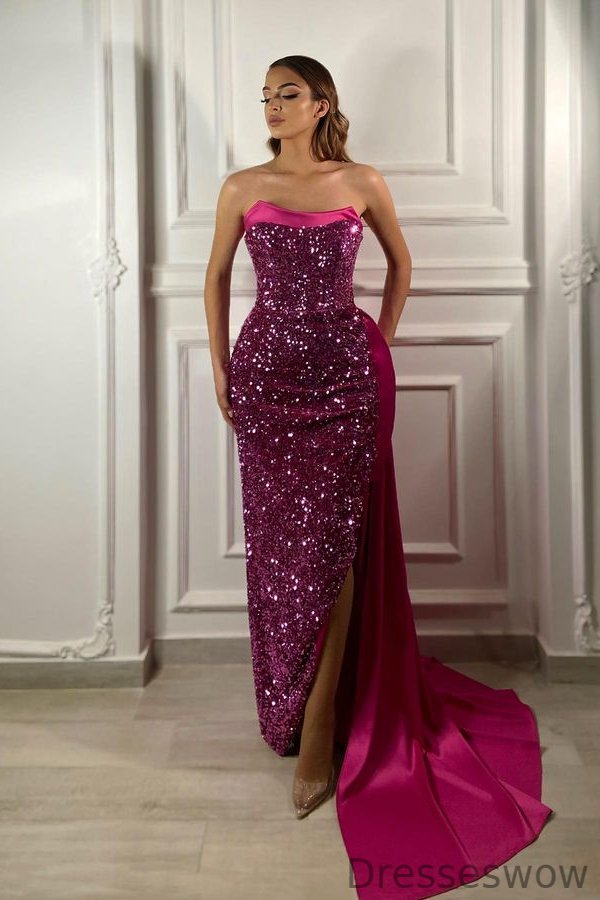 Dresseswow Strapless Sequins Prom Dress Long Ruffles With Slit