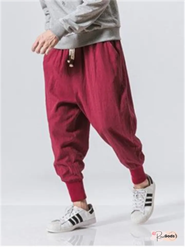 Mens Joggers Linen Pants Trousers Summer Beach Pocket Drawstring Baggy Plain Breathable