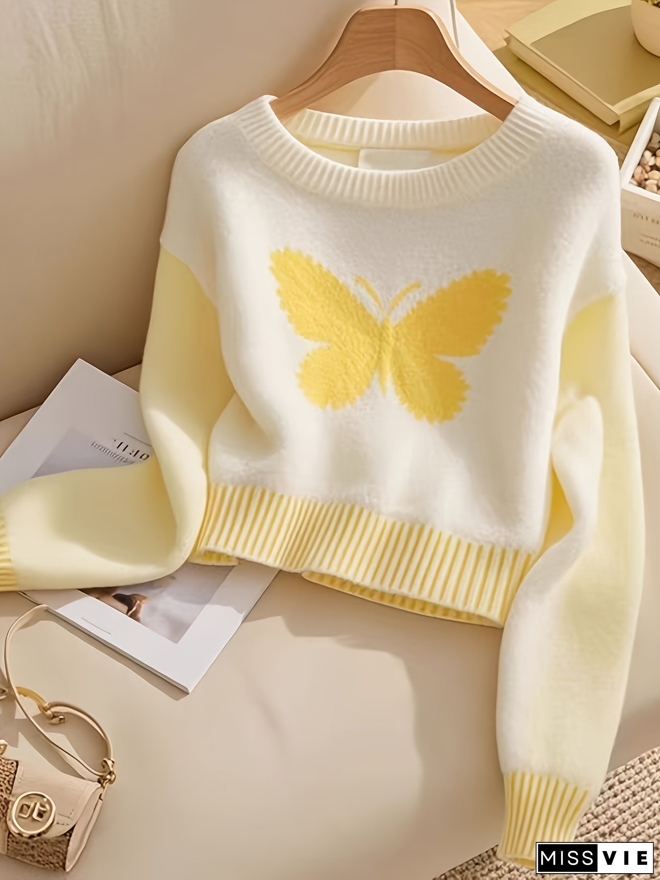 [Soft Sweater] Soft Color-Block Women's Cropped Butterfly Sweater | Medium Stretch Long Sleeve Round Neck Pullover for Spring/Fall, Casual & Office Wear, Textured Knitwear