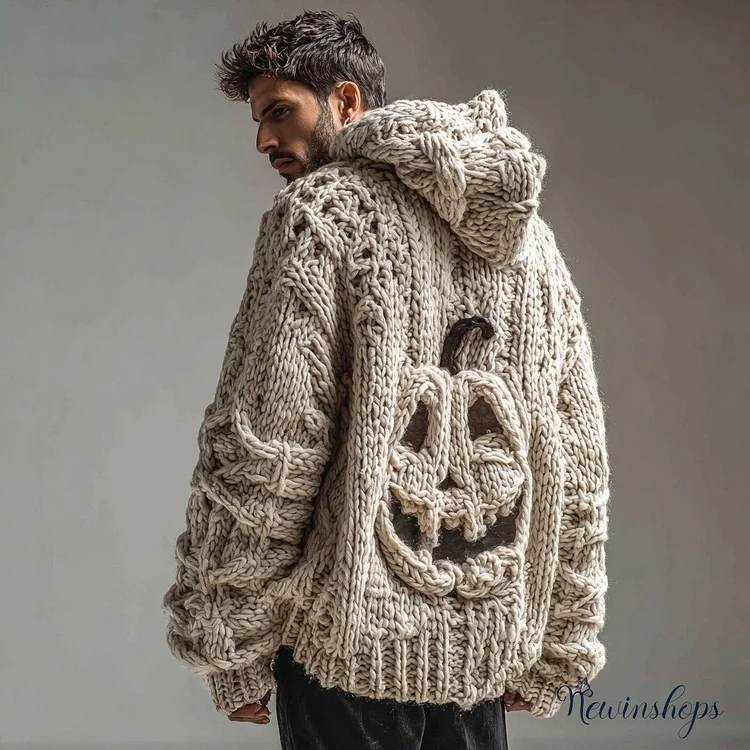 Men's Spooky Pumpkin Pattern Knitted Warm Zip Hooded Cardigan Sweater