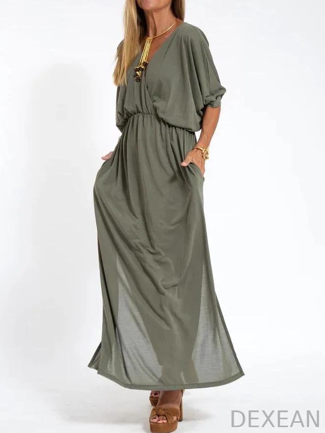 Women's Casual Solid Color V Neck Slit Dress