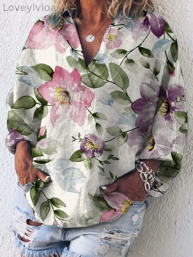 Women's Cotton And Linen Purple Floral V-Neck Top