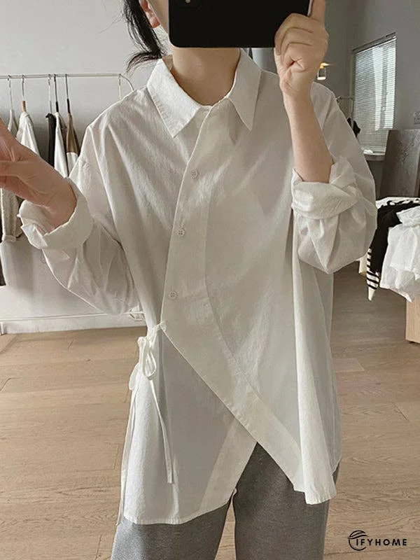 Loose Long Sleeves Frenum Solid Color Lapel Blouses | IFYHOME