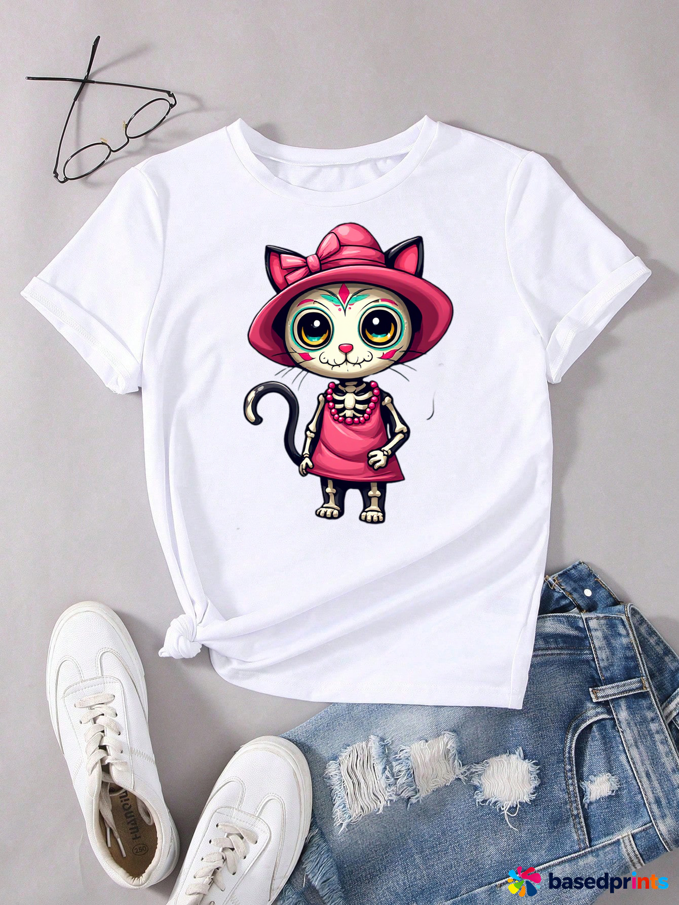 Cat Skeleton T-Shirt Women's Short Sleeve Casual Print Tee Tops