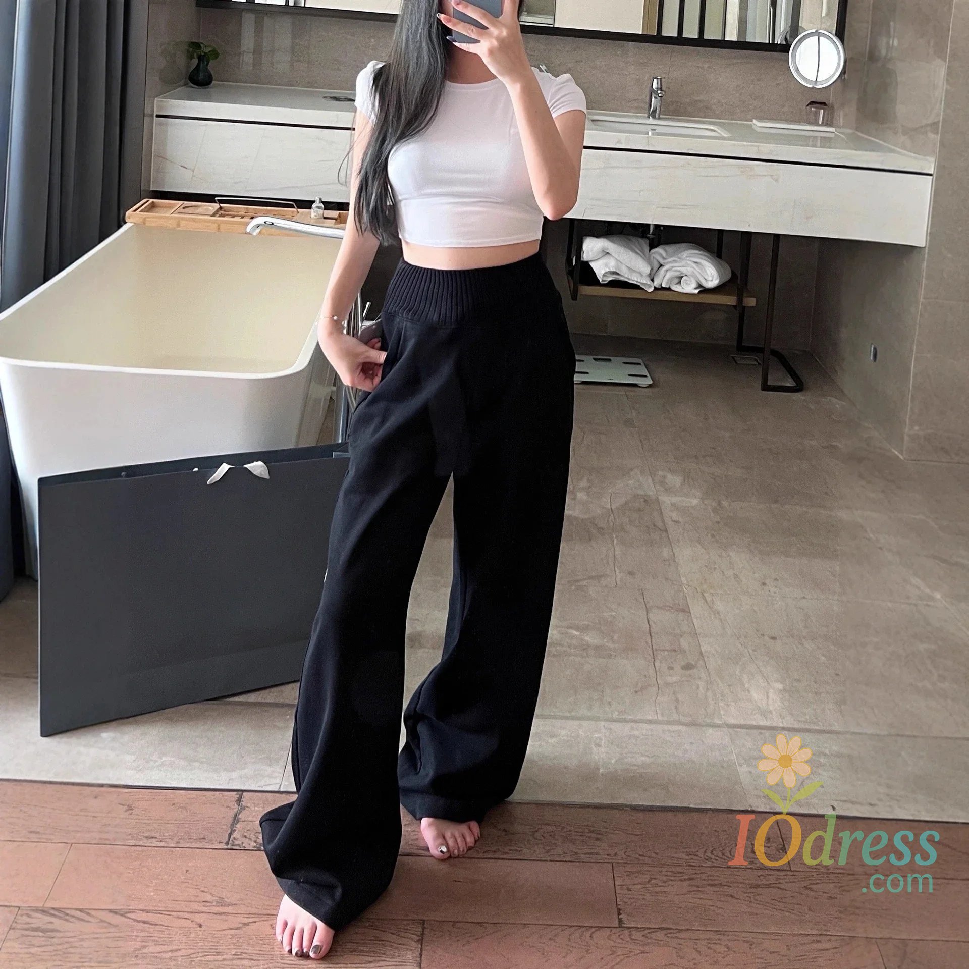 IO Dress Women High Waist Knit Patchwork Fleece Lined Wide Leg Stacking Pants Elegant Slim Fit Winter Trousers Old Money Style Warm