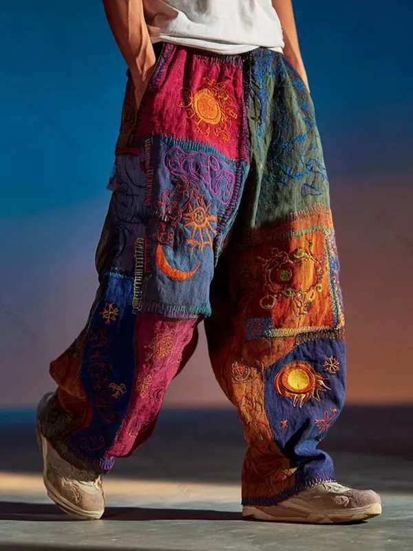 Men's Hippie Style Sun And Moon Color Block Print Casual Pants 24d7