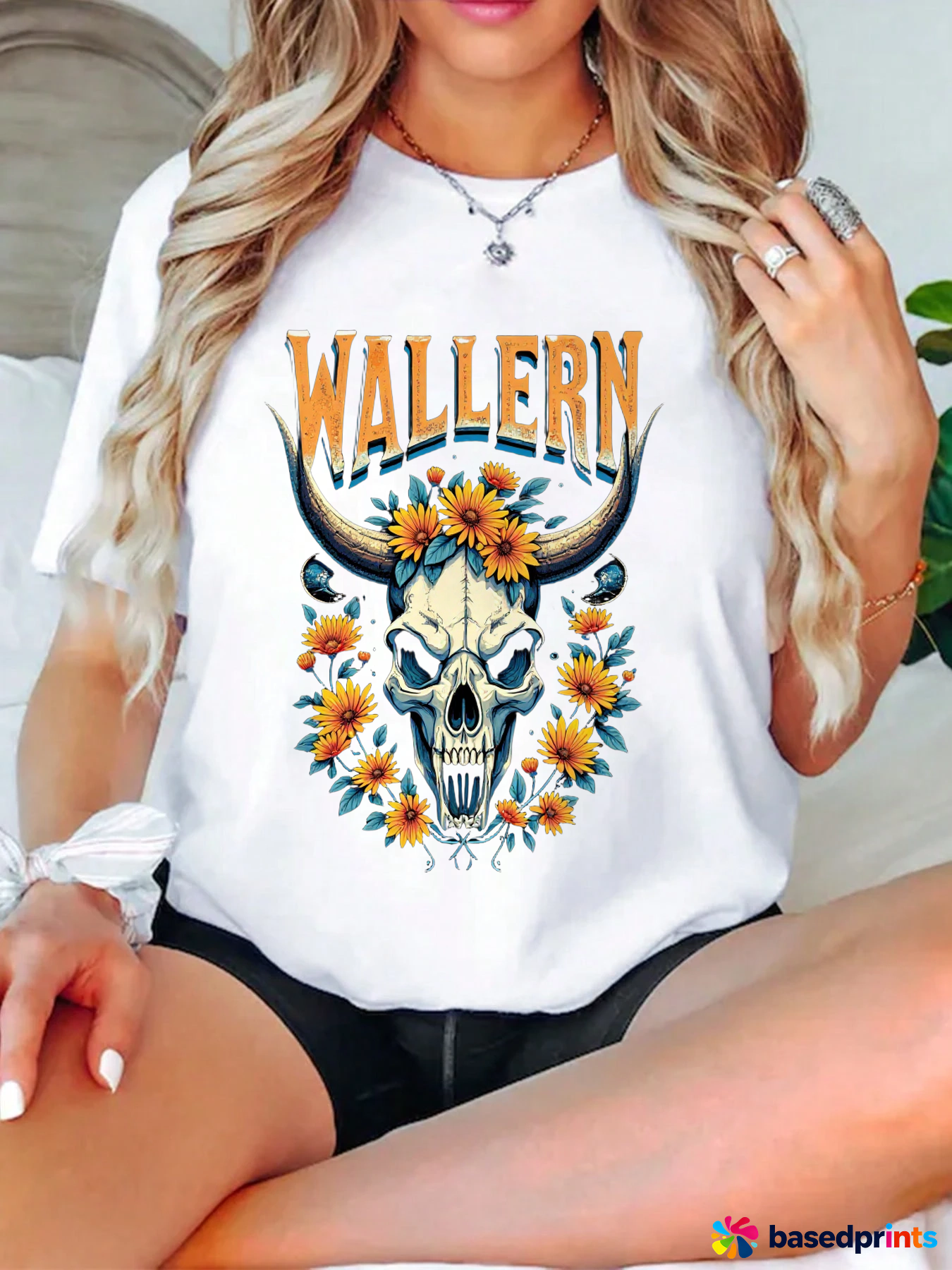 Wallern Skull Floral Print T-Shirt Women Casual Short Sleeve Tops