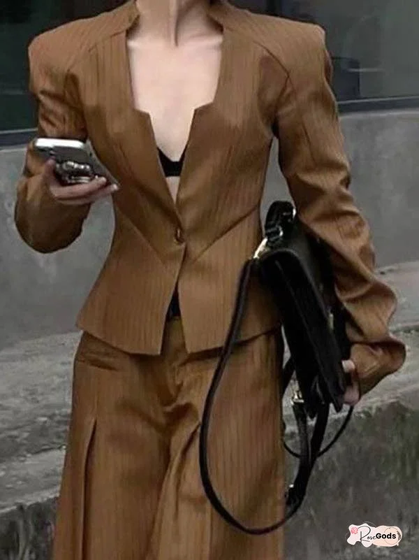 Long Sleeves Loose Buttoned Split-Joint Striped V-Neck Blazer Outerwear