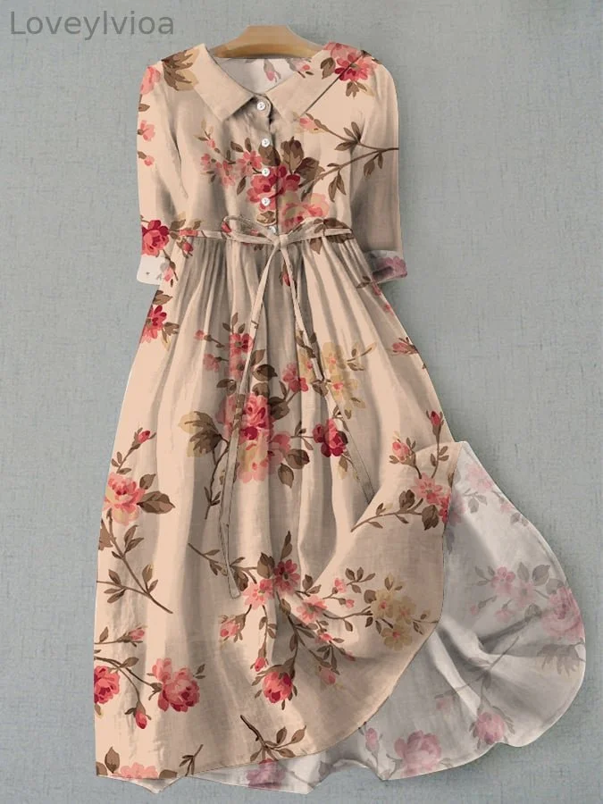 Women's Vintage Floral Design Printed Lace-Up Dress