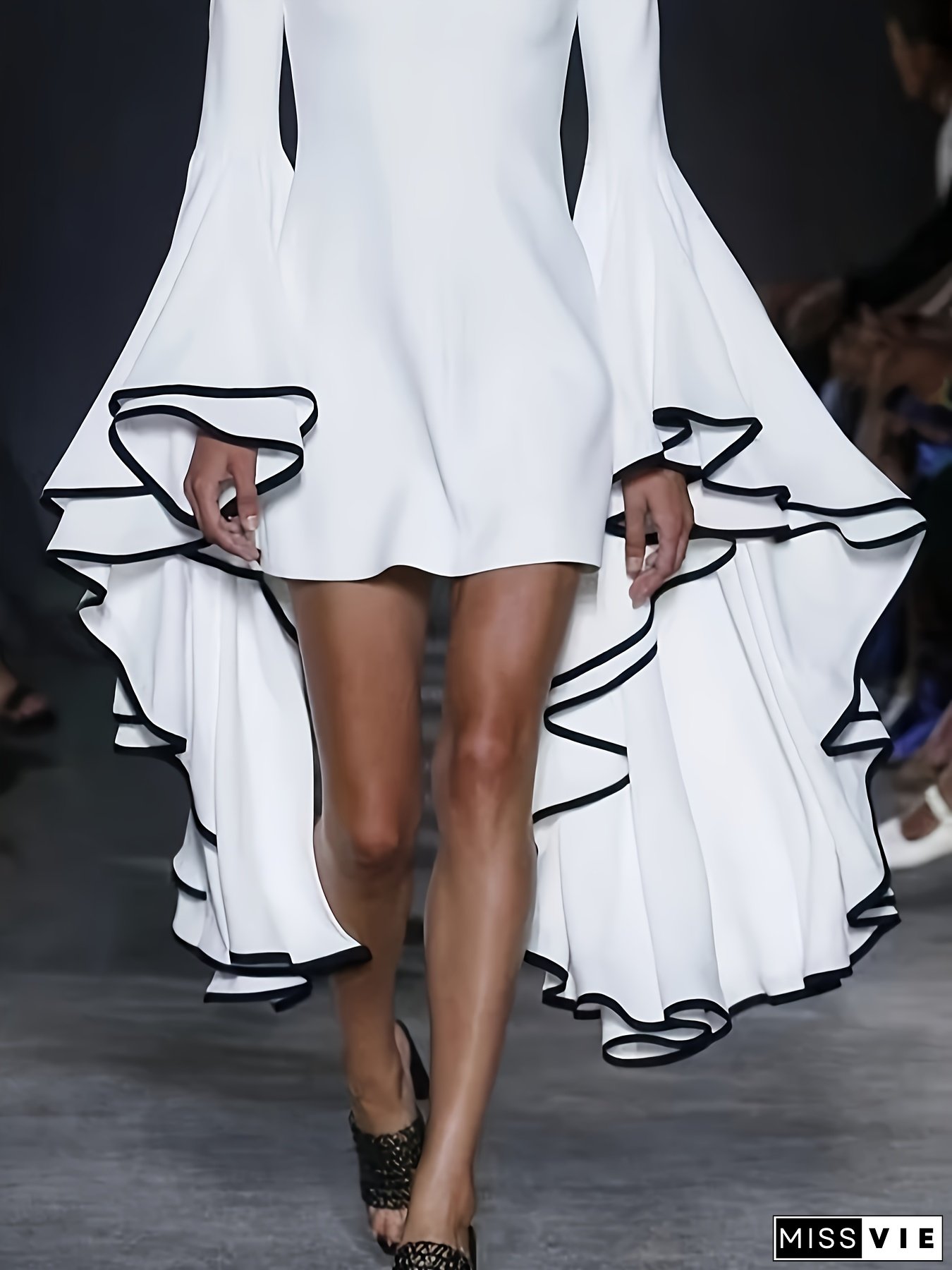 Elegant Black Long Sleeve Dress With White Accents - Stylish, All-Season, Adult Women's Fashion, Elegant Attire|Sophisticated Style|Elegant Dress