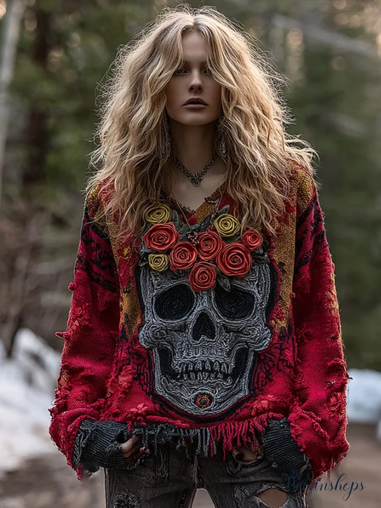 Women's Vintage Rose Skull-print Distressed V-neck Top