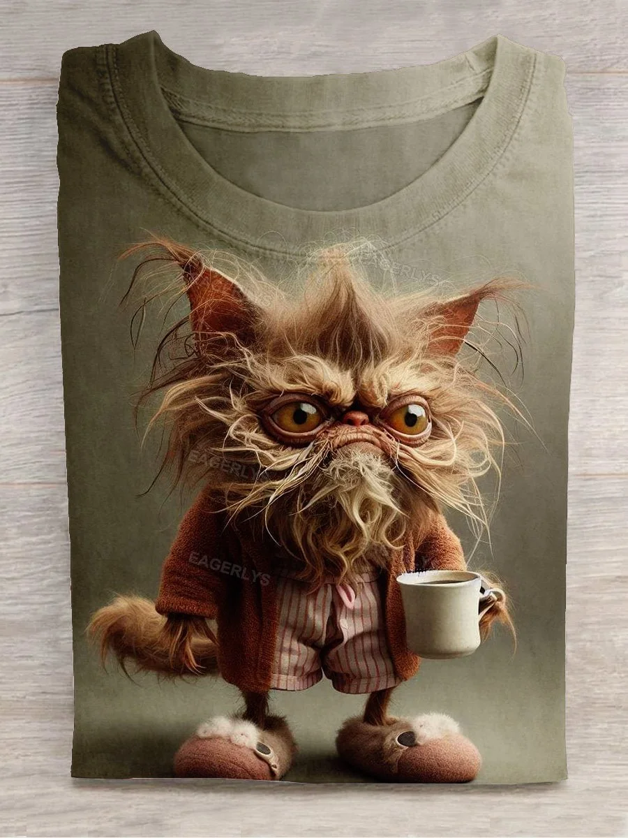 Unisex Funny Coffee Cat Art Print Round Neck Short Sleeve T-Shirt Eagerlys