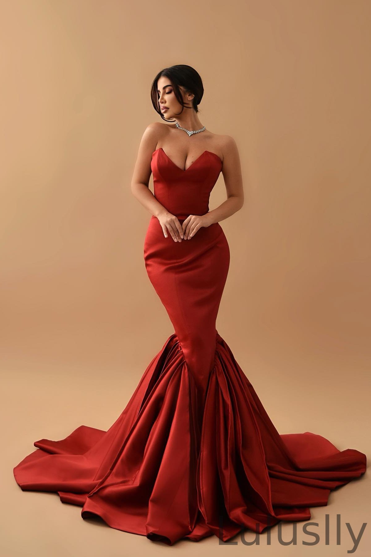 Luluslly Rust Mermaid Evening Dress Sweetheart Long Ruffle Bottom