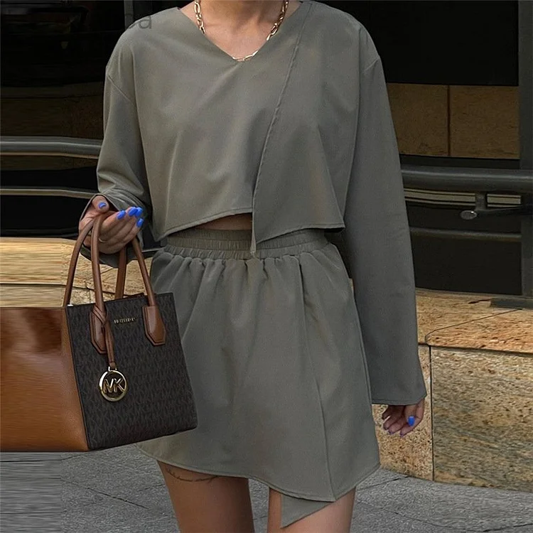 Casual V-neck Solid Color Asymmetry Two-piece Set
