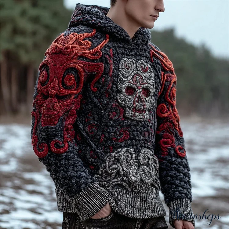Japanese Skull Ghost Art Men's Chunky Knit Hooded Sweater