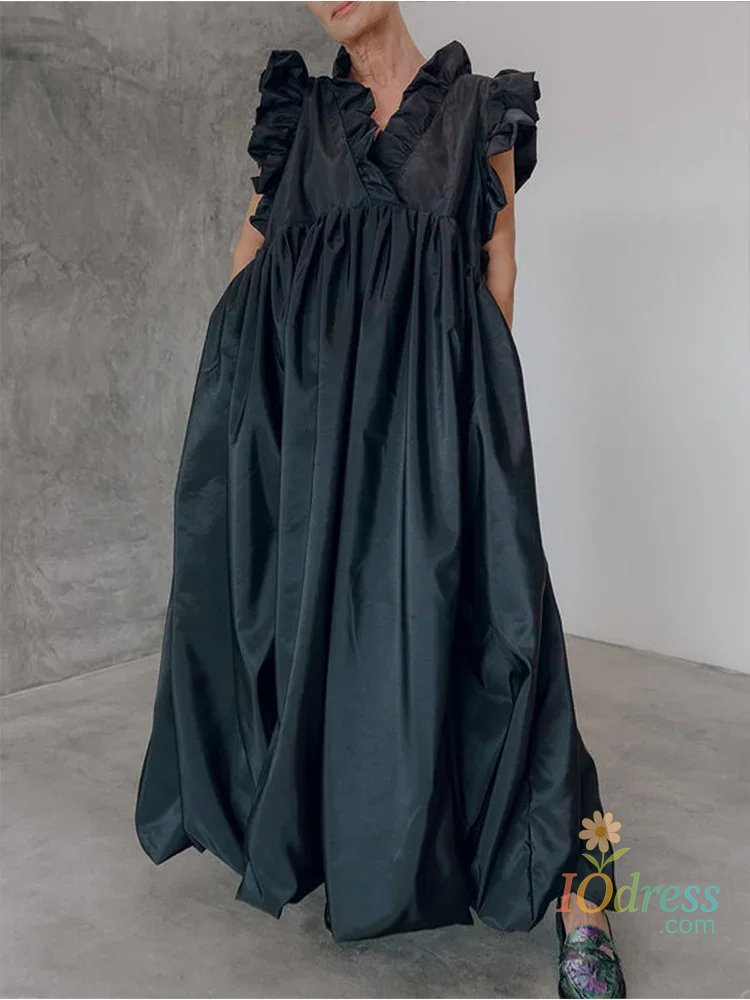 IO Dress Elegant Women's Pleated Dress A-line Loose Ruffle Sleeveless Summer Casual Vintage Fashion V-Neck Summer Dress for Female IO Dress