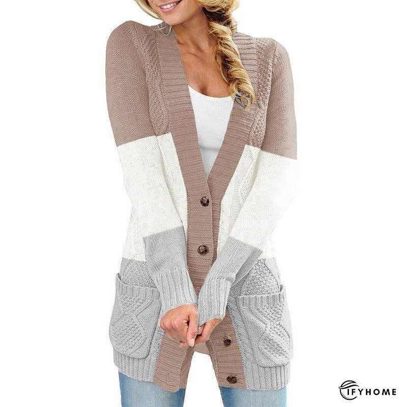 Contrasting Striped Open Front Twist Flower Mid-Length Sweater | IFYHOME