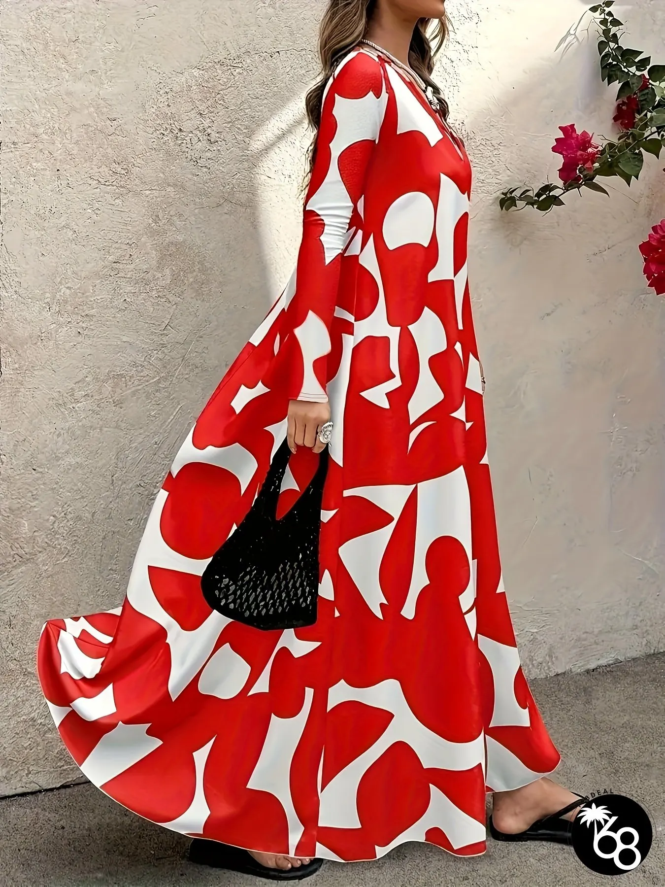 Plus Size Womens Fashion Long Sleeve Maxi Dress V-Neck Red White Abstract Print Flowy | 168DEAL