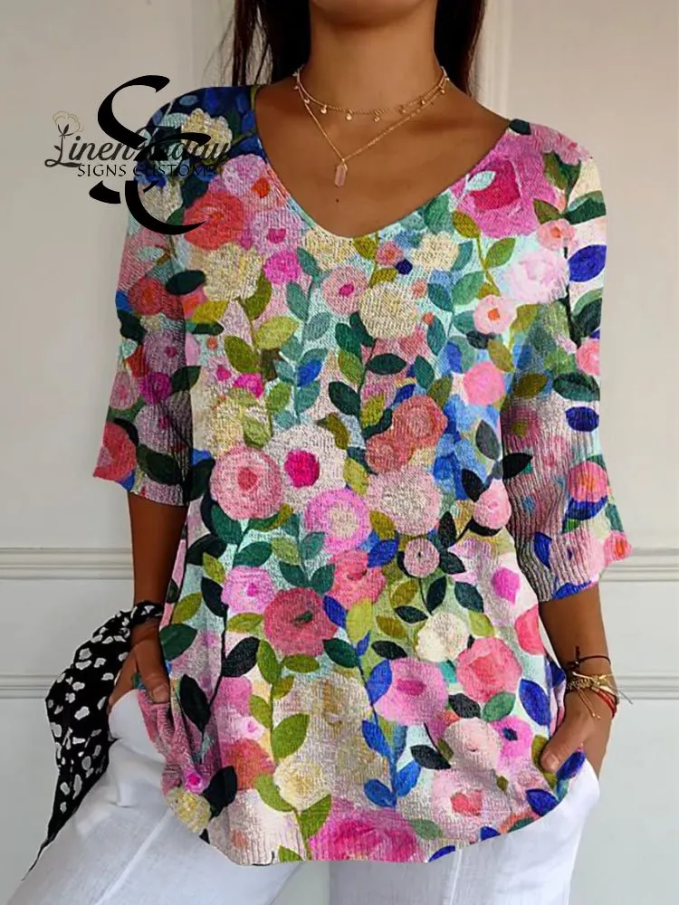 Colorful Spring Floral Garden Printed Women's Casual Pullover Knit